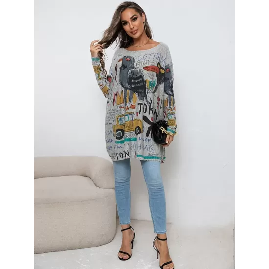 Cartoon Printed Contrast Color Long Sleeves Loose Round-neck Sweater Tops