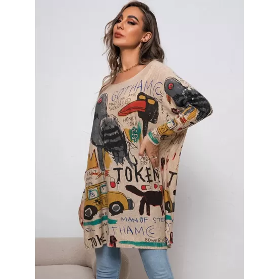 Cartoon Printed Contrast Color Long Sleeves Loose Round-neck Sweater Tops