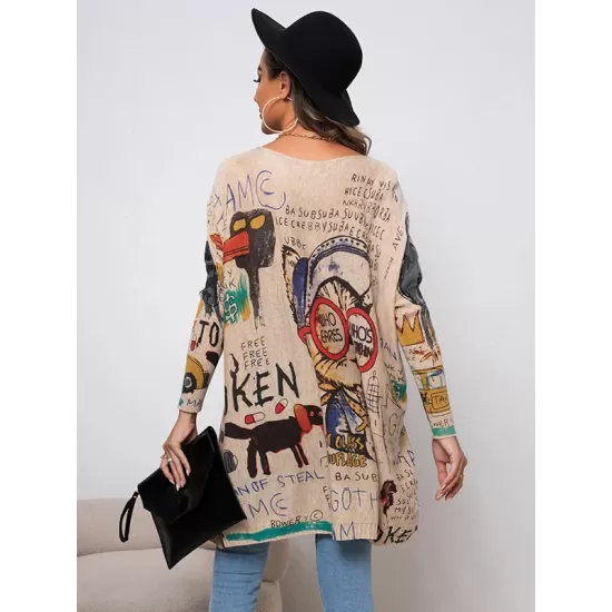 Cartoon Printed Contrast Color Long Sleeves Loose Round-neck Sweater Tops