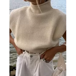 Casual Cap Sleeve Solid Color High-Neck Sweater Tops Pullovers