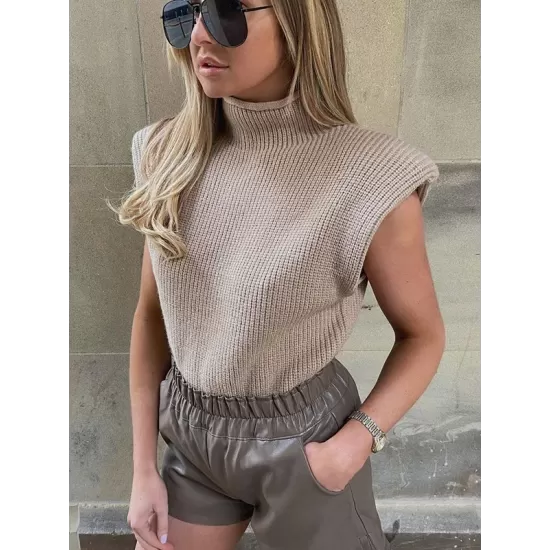 Casual Cap Sleeve Solid Color High-Neck Sweater Tops Pullovers