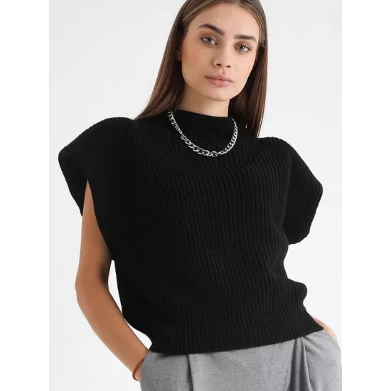 Casual Cap Sleeve Solid Color High-Neck Sweater Tops Pullovers