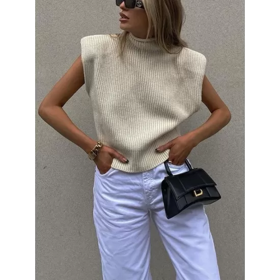 Casual Cap Sleeve Solid Color High-Neck Sweater Tops Pullovers