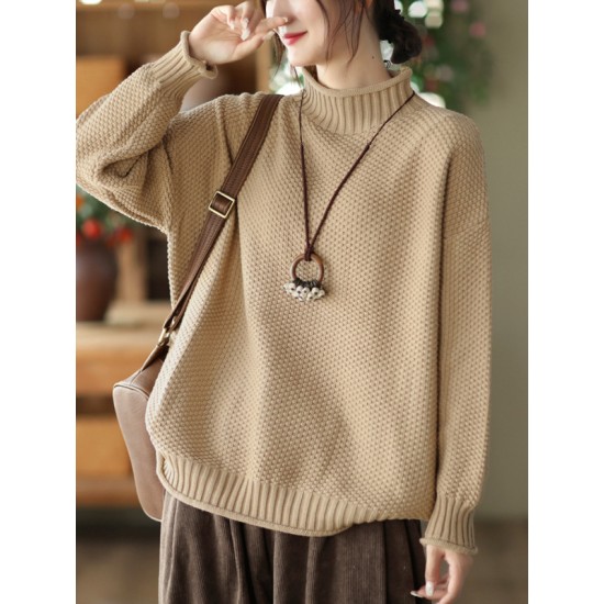 Vintage Long Sleeves Loose Solid Color High-Neck Sweater Tops