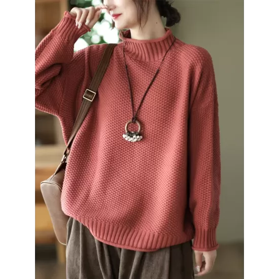 Vintage Long Sleeves Loose Solid Color High-Neck Sweater Tops