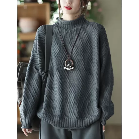 Vintage Long Sleeves Loose Solid Color High-Neck Sweater Tops