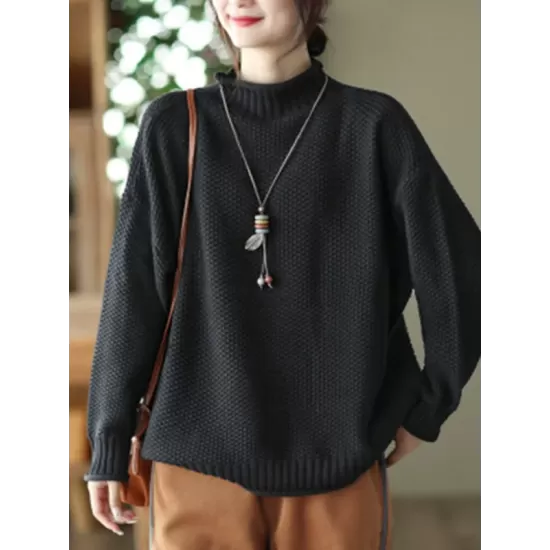 Vintage Long Sleeves Loose Solid Color High-Neck Sweater Tops