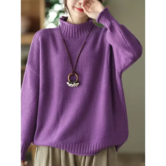 Vintage Long Sleeves Loose Solid Color High-Neck Sweater Tops