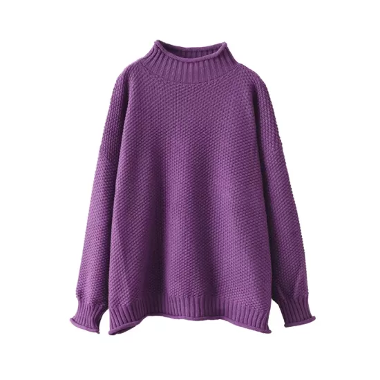 Vintage Long Sleeves Loose Solid Color High-Neck Sweater Tops