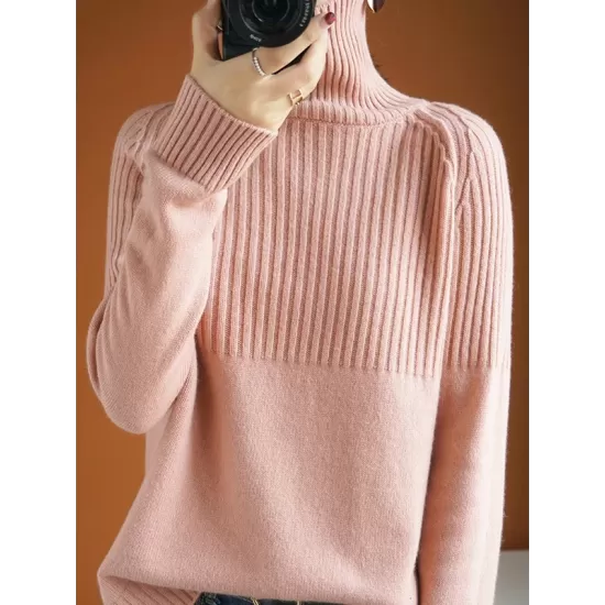 Casual Long Sleeves Loose Solid Color High-Neck Sweater Tops