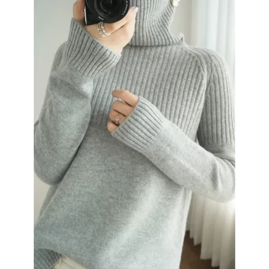 Casual Long Sleeves Loose Solid Color High-Neck Sweater Tops