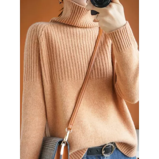 Casual Long Sleeves Loose Solid Color High-Neck Sweater Tops