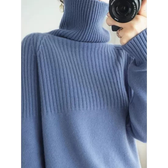 Casual Long Sleeves Loose Solid Color High-Neck Sweater Tops