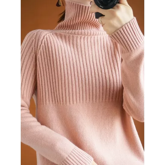 Casual Long Sleeves Loose Solid Color High-Neck Sweater Tops