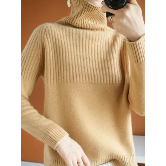 Casual Long Sleeves Loose Solid Color High-Neck Sweater Tops