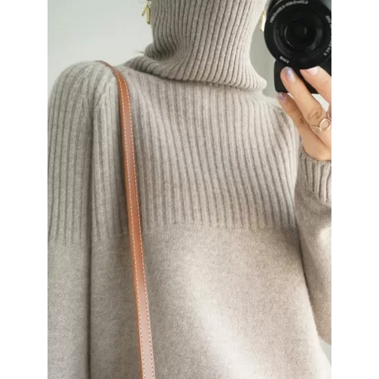 Casual Long Sleeves Loose Solid Color High-Neck Sweater Tops