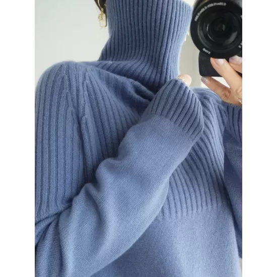 Casual Long Sleeves Loose Solid Color High-Neck Sweater Tops