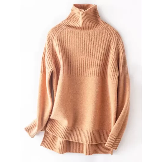 Casual Long Sleeves Loose Solid Color High-Neck Sweater Tops