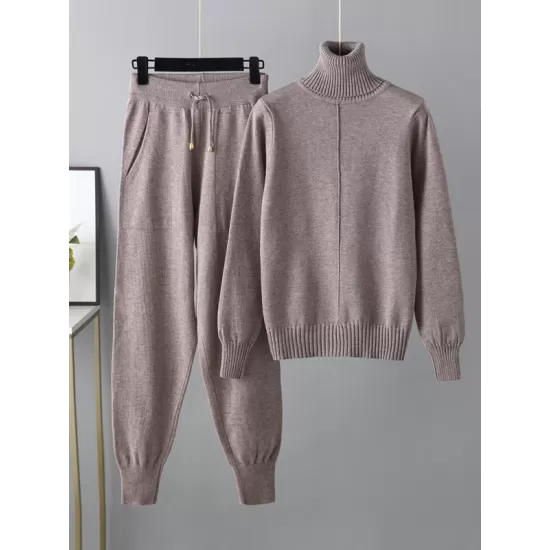 Casual Solid Long Sleeves High-Neck Sweater Tops & Drawstring Wide Leg Pants Suits