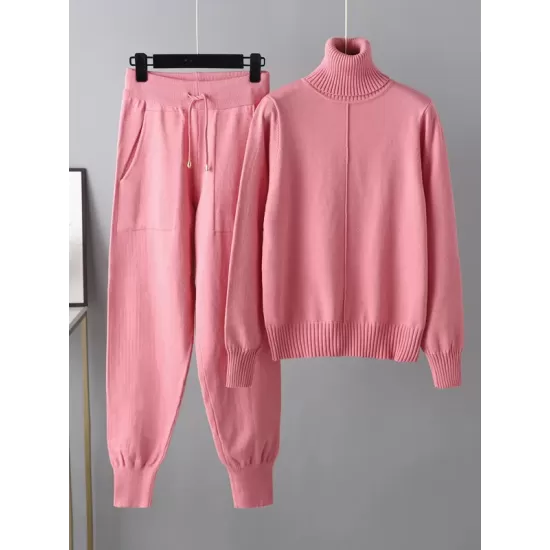 Casual Solid Long Sleeves High-Neck Sweater Tops & Drawstring Wide Leg Pants Suits