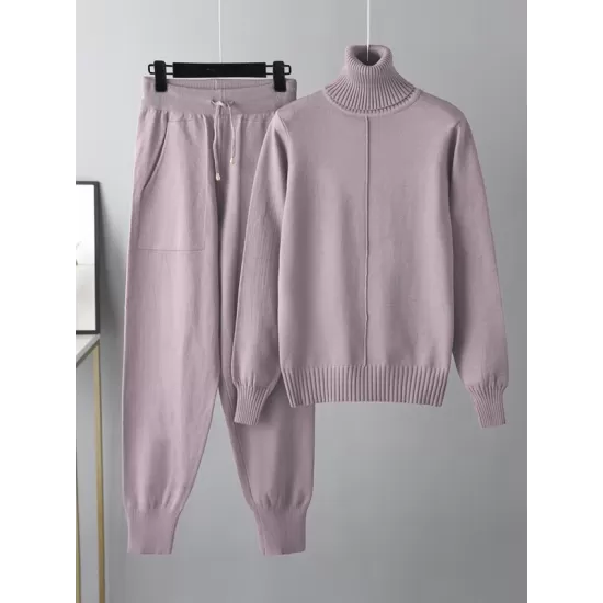 Casual Solid Long Sleeves High-Neck Sweater Tops & Drawstring Wide Leg Pants Suits