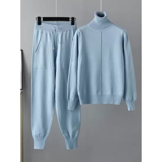 Casual Solid Long Sleeves High-Neck Sweater Tops & Drawstring Wide Leg Pants Suits