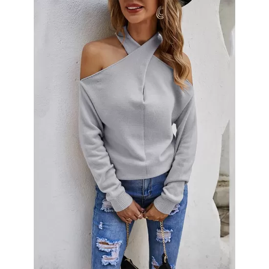 Casual Long Sleeves Solid Color Halter-Neck Sweater Tops