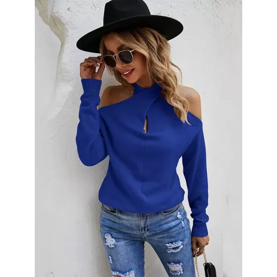 Casual Long Sleeves Solid Color Halter-Neck Sweater Tops