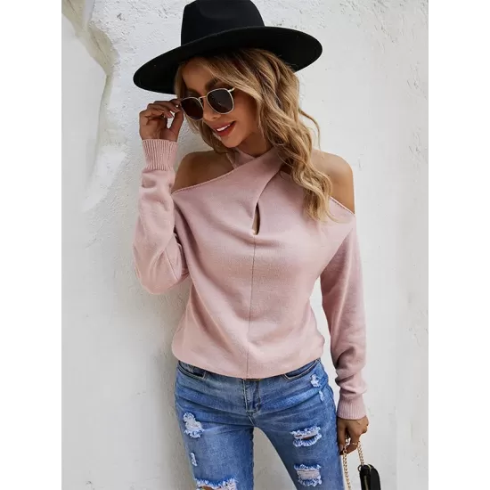 Casual Long Sleeves Solid Color Halter-Neck Sweater Tops