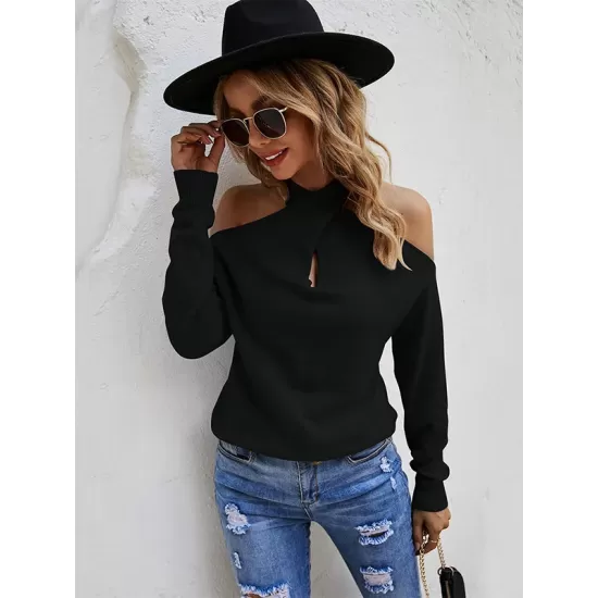 Casual Long Sleeves Solid Color Halter-Neck Sweater Tops