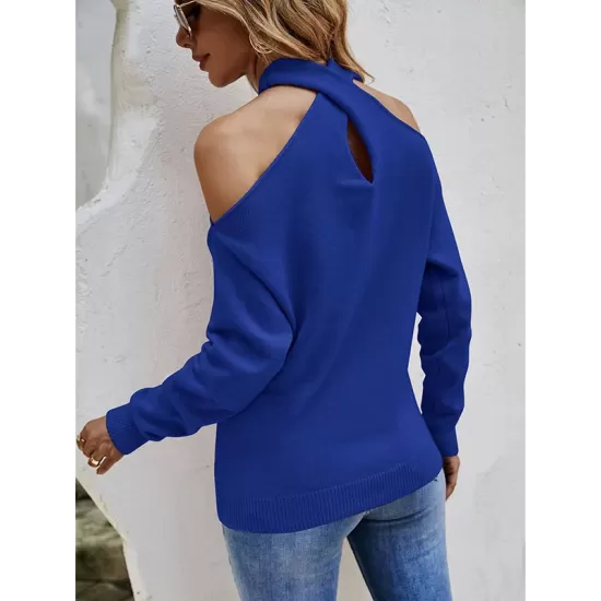 Casual Long Sleeves Solid Color Halter-Neck Sweater Tops