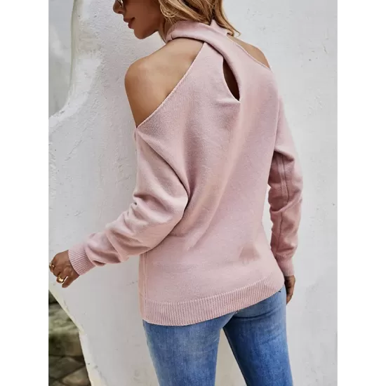 Casual Long Sleeves Solid Color Halter-Neck Sweater Tops