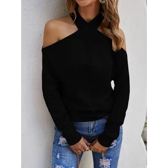 Casual Long Sleeves Solid Color Halter-Neck Sweater Tops