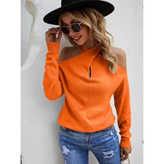 Casual Long Sleeves Solid Color Halter-Neck Sweater Tops