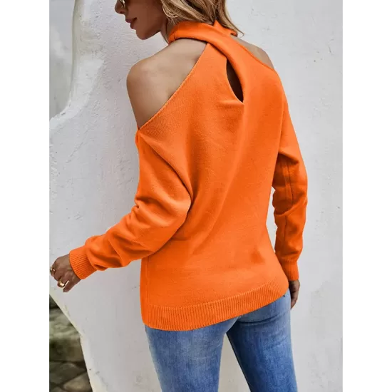 Casual Long Sleeves Solid Color Halter-Neck Sweater Tops