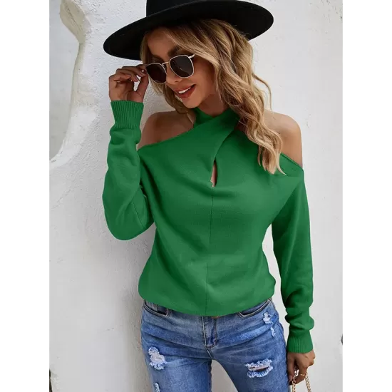 Casual Long Sleeves Solid Color Halter-Neck Sweater Tops