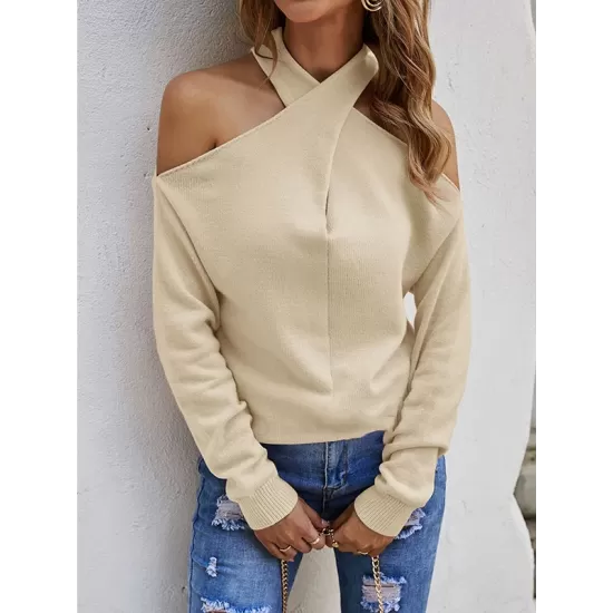 Casual Long Sleeves Solid Color Halter-Neck Sweater Tops