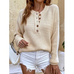 Casual Long Sleeves Solid Color Round-Neck Sweater Tops