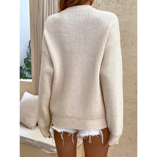 Casual Long Sleeves Solid Color Round-Neck Sweater Tops