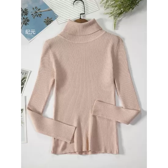 Simple Skinny Solid Color High-Neck Sweater Tops