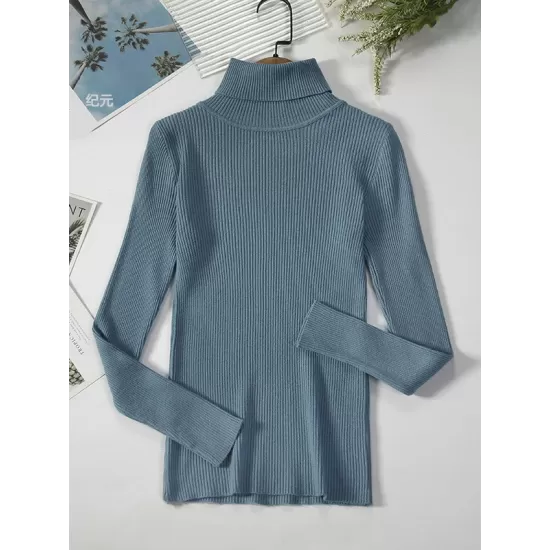 Simple Skinny Solid Color High-Neck Sweater Tops