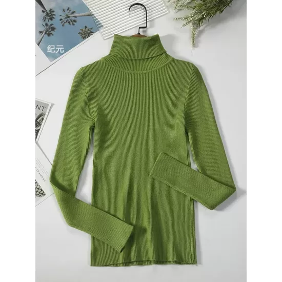 Simple Skinny Solid Color High-Neck Sweater Tops