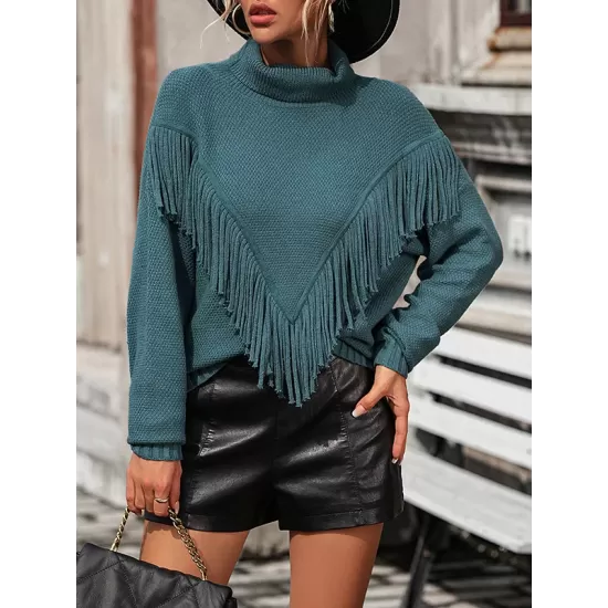 Solid Color Tasseled Long Sleeves Loose High-neck Sweater Tops Pullovers Knitwear