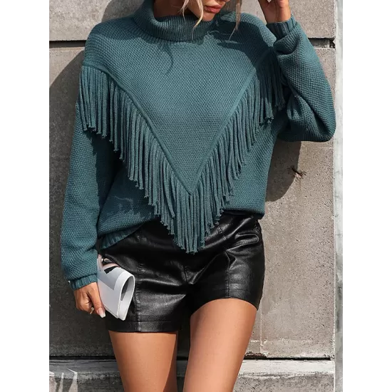 Solid Color Tasseled Long Sleeves Loose High-neck Sweater Tops Pullovers Knitwear