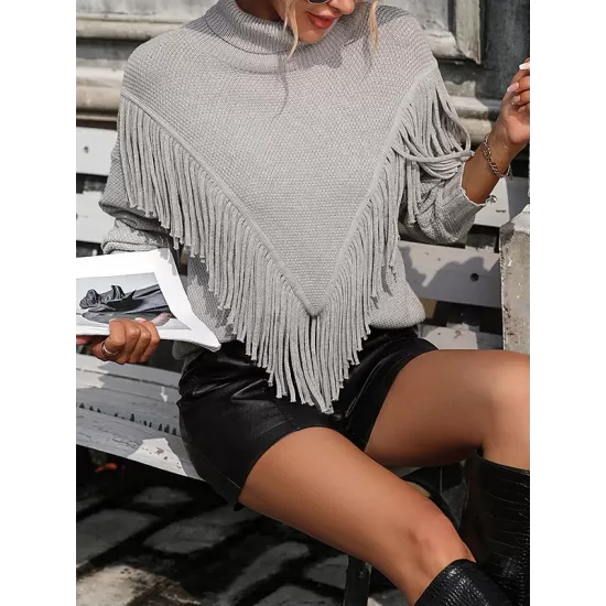 Solid Color Tasseled Long Sleeves Loose High-neck Sweater Tops Pullovers Knitwear