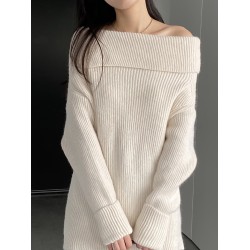 Solid Color Long Sleeves Loose Off-the-shoulder Sweater Pullovers Knitwear