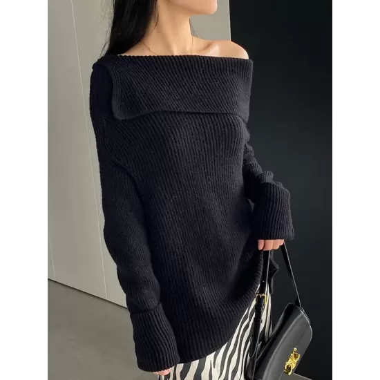 Solid Color Long Sleeves Loose Off-the-shoulder Sweater Pullovers Knitwear