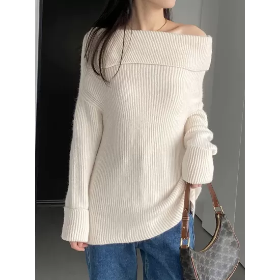 Solid Color Long Sleeves Loose Off-the-shoulder Sweater Pullovers Knitwear