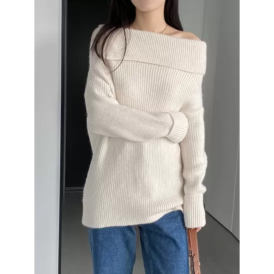 Solid Color Long Sleeves Loose Off-the-shoulder Sweater Pullovers Knitwear