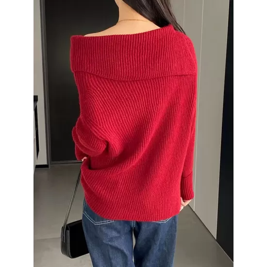 Solid Color Long Sleeves Loose Off-the-shoulder Sweater Pullovers Knitwear